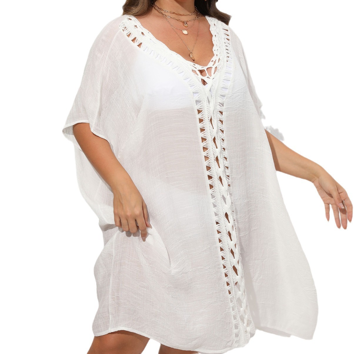 Women's Dress Plus Size Hand-Crocheted Lace-Up Loose Beach Bikini Outer Cover-Up