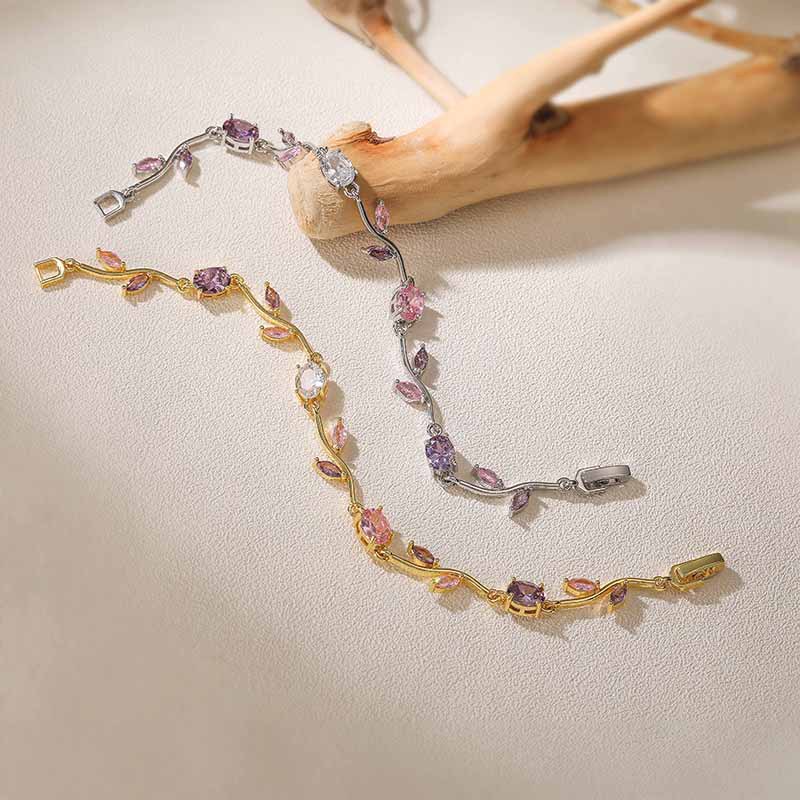 Copper Inlaid Colorful Diamond Branch and Petal Bracelet Leaf Tulip Layered Hand Jewelry