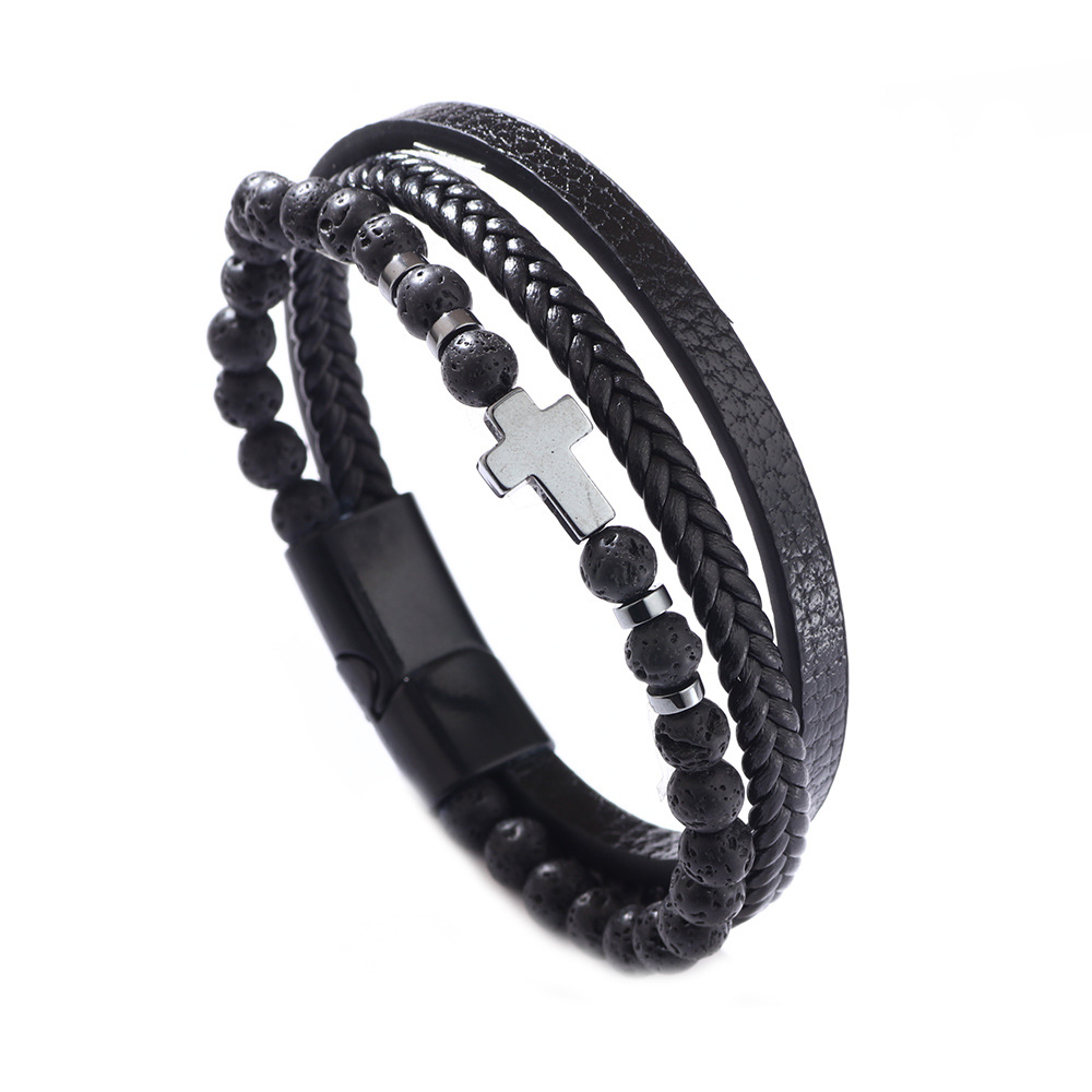 Cross Multi-layer Black Agate Bracelet New Woven PU Leather Tiger Eye Stone Matte Stone Bracelet