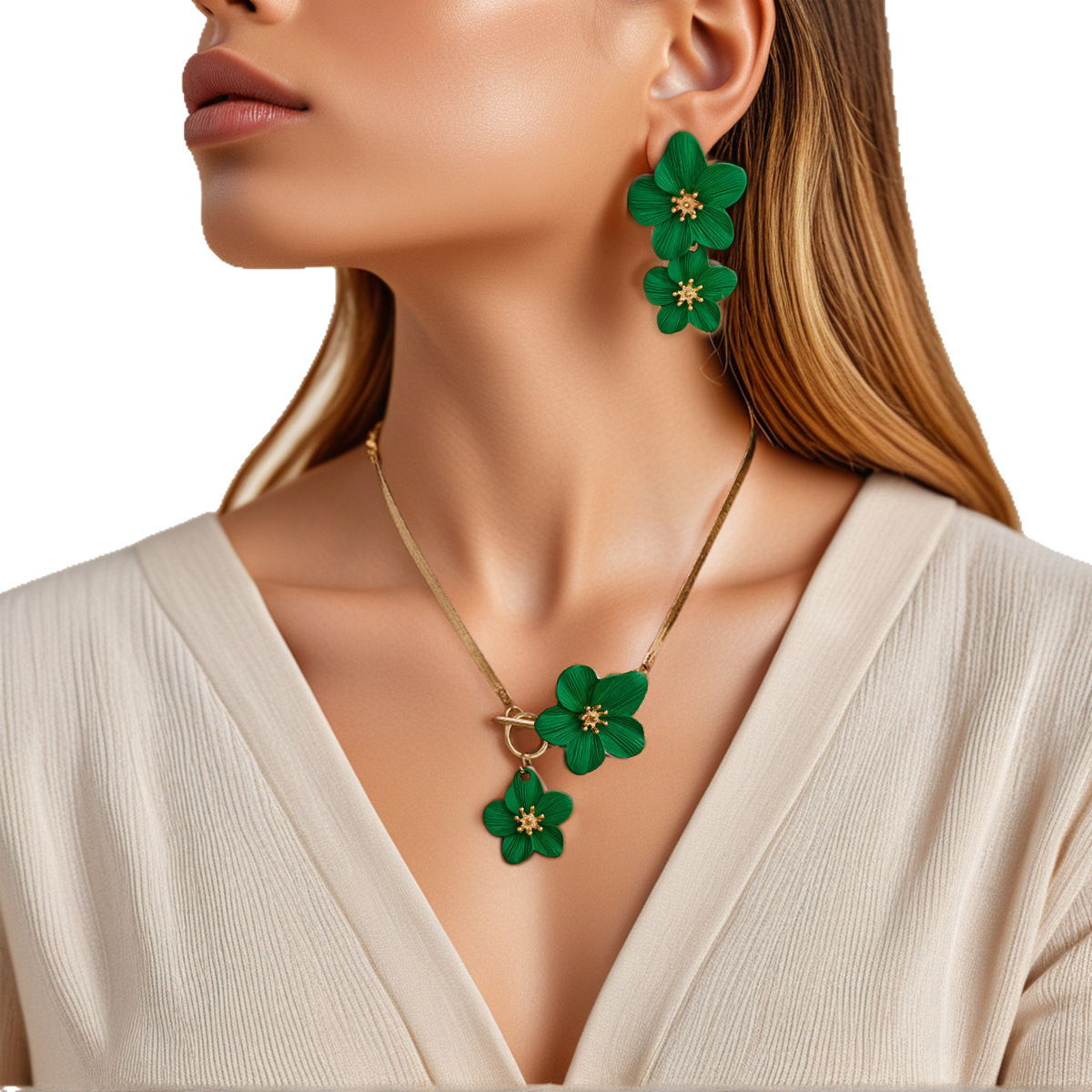 Bohemian Style Double Flower Earring Necklace Set Fresh Baked Paint Flower Jewelry Accessories