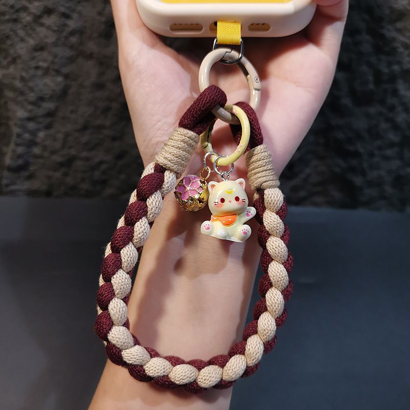 Hydrangea Phone Lanyard Hand Wrist Strap Black Brown Woven Cotton Rope Pendant Anti-Loss Phone Chain Women Cat Pendant