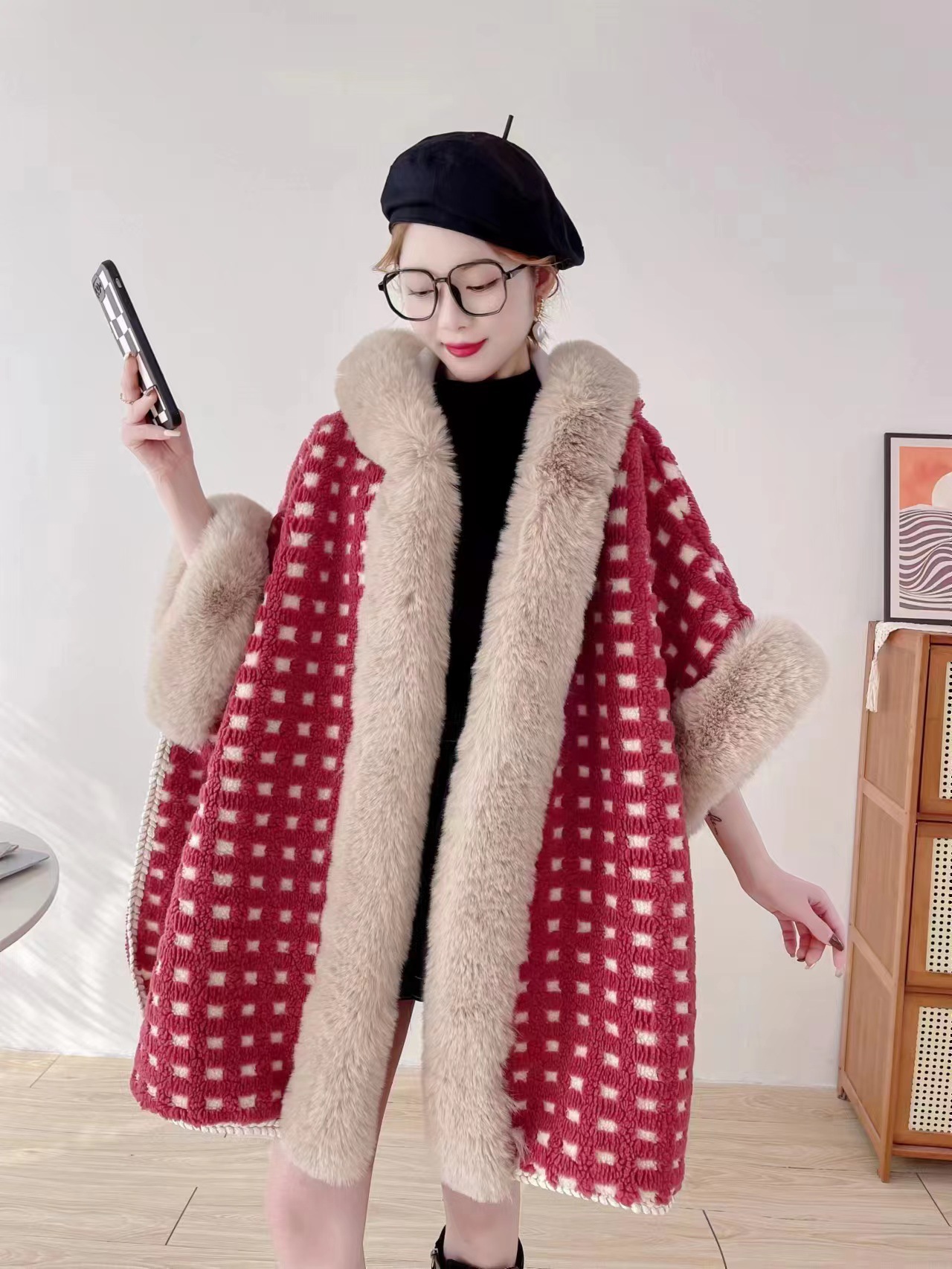 Live Loose Shawl Women 2023 Autumn Winter Cape Thickened Imitation Sheep Fur Collar Hooded Coat