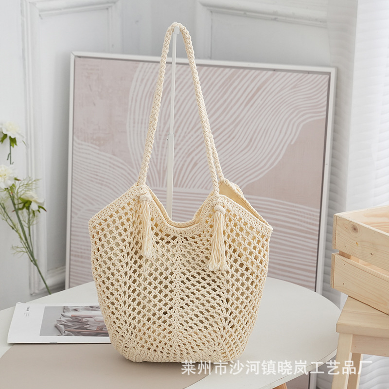 Cotton woven bag hook woven tote bag tassel shoulder bag knitted bag beach bag women's commuting tassel bag