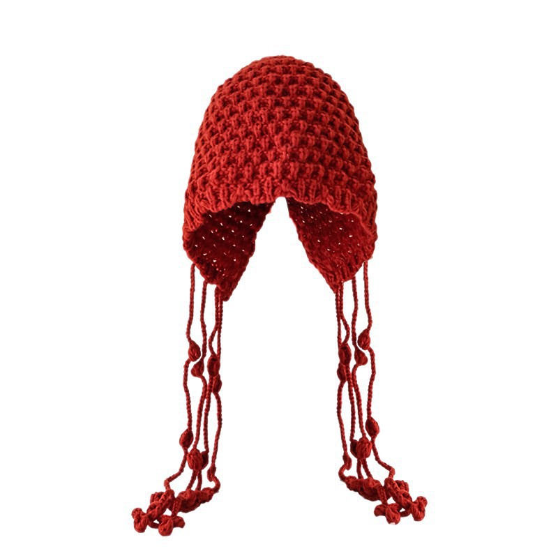 Hat Handwoven Tassel Knit Hat Women Autumn Winter New Warm Ear Protection Large Head Circumference Face Slimming Wrap Hat