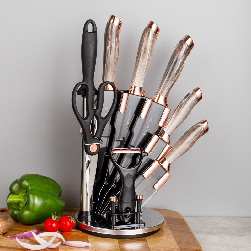 Stainless Steel Spray Painted Knife Set Storage Rack Rose Gold Nine-Piece Set Marble Pattern Home Knife Set Combination