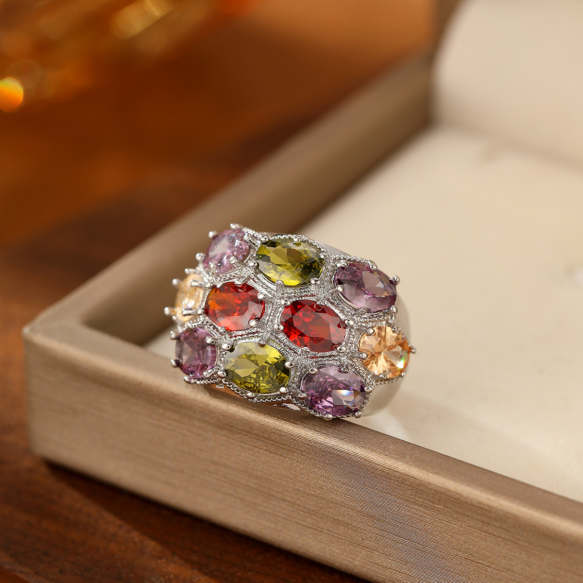 Colored Gemstone Ring Fashion Jewelry Rainbow Color Zircon Jewelry Flower Women's Ring