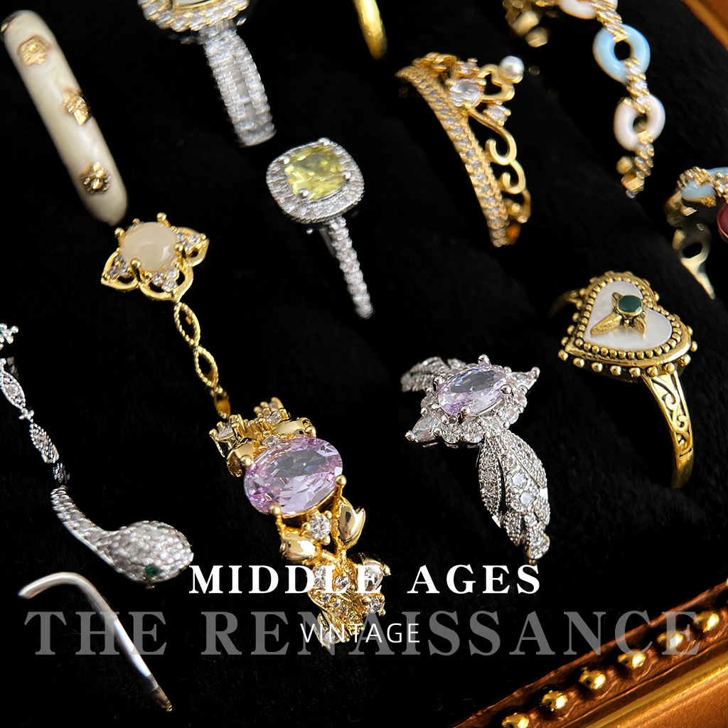 Vintage Retro Heavy Craft Colored Gem Zircon Ring Collection Adjustable Index Ring