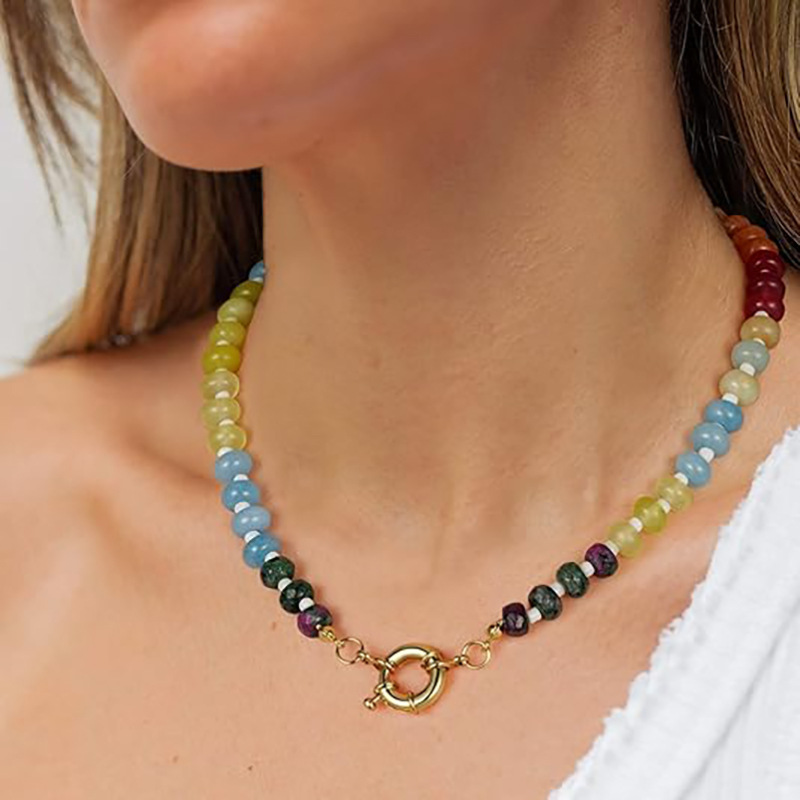 New Women's Bohemian Dopamine Color Matching Natural Stone Colorful Crystal Beaded Necklace