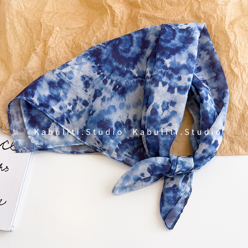 Yunnan tie-dye blue small square scarf, silk scarf for women, triangle headwrap sun protection, hair band, neck protection, thin gauze scarf