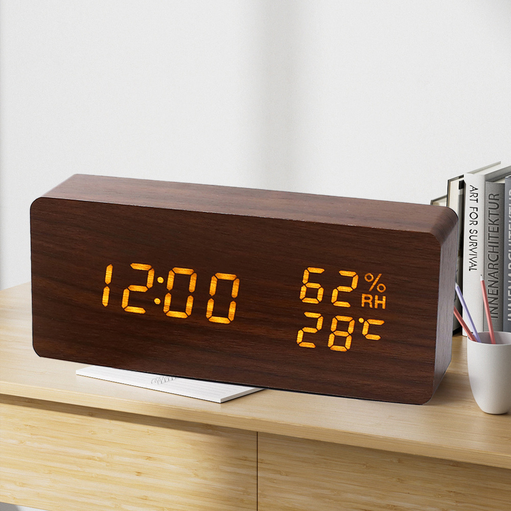 Nordic Wooden Alarm Clock Hygrometer Clock Multifunctional Silent Night Light Student Bedroom Bedside Wooden Clock