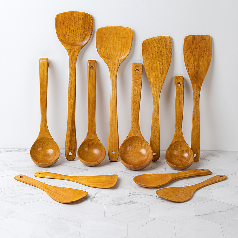 Home Natural Wood Spatula Set Solid Wood Spatula Long Handle Wooden Soup Spoon Non-stick Pan Stir-fry Spatula