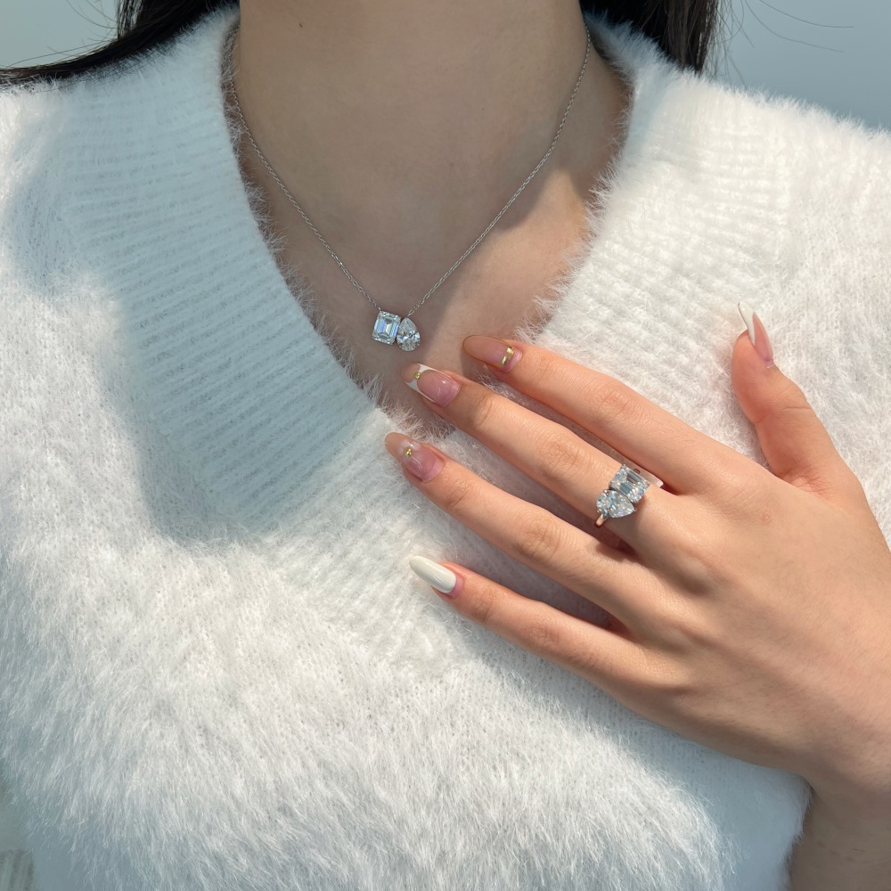 Moissanite S925 sterling silver ring earrings necklace for women, twin teardrop sugar cube D color exquisite flash women's three-piece set