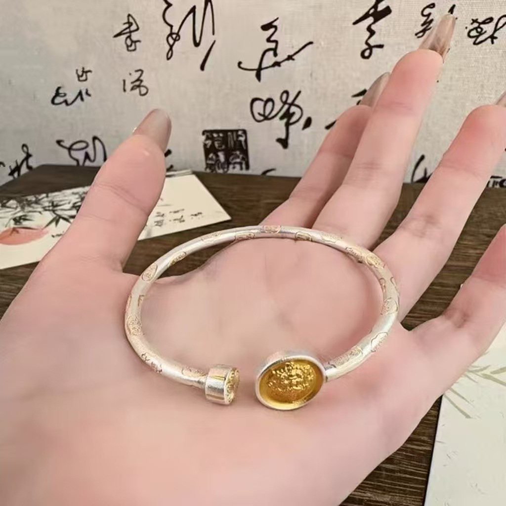 Foot silver 999 lucky cat silver bracelet men and women auspicious words ancient enamel color national style silver bracelet gift silver-plated