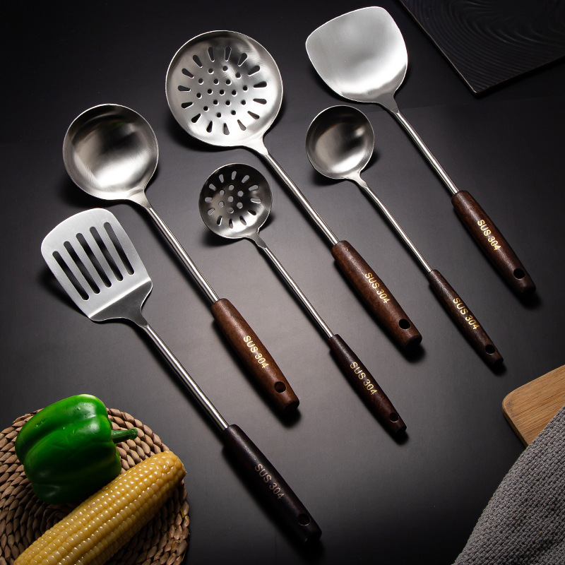 304 stainless steel spatula, thickened wooden handle kitchen tool set, kitchen utensils, cooking spoon, spatula, soup spoon, colander, frying spatula