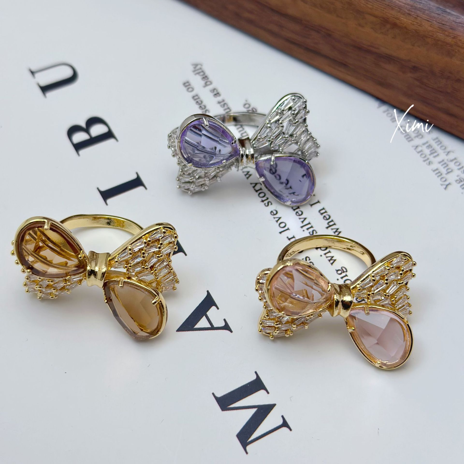 New Girly Heart Bowknot Ring Open Band Rhinestone Cute Knot Glass Sweet Exquisite Texture