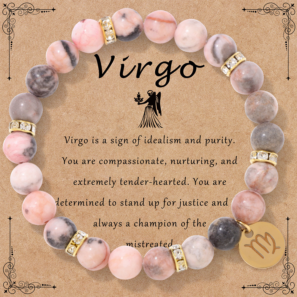 New twelve zodiac bracelet pink zebra stone beads elastic rope couple bracelet card pack birthday