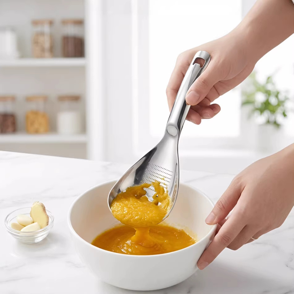 Multifunctional cooking spoon strainer 316 stainless steel potato masher garlic ginger grinding spoon baby food tool