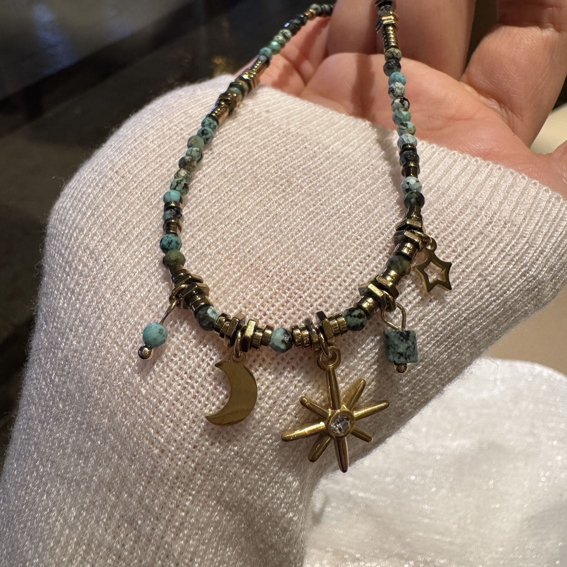 Star moon natural stone titanium steel bead necklace niche accessories women's layered wear collarbone chain accessories