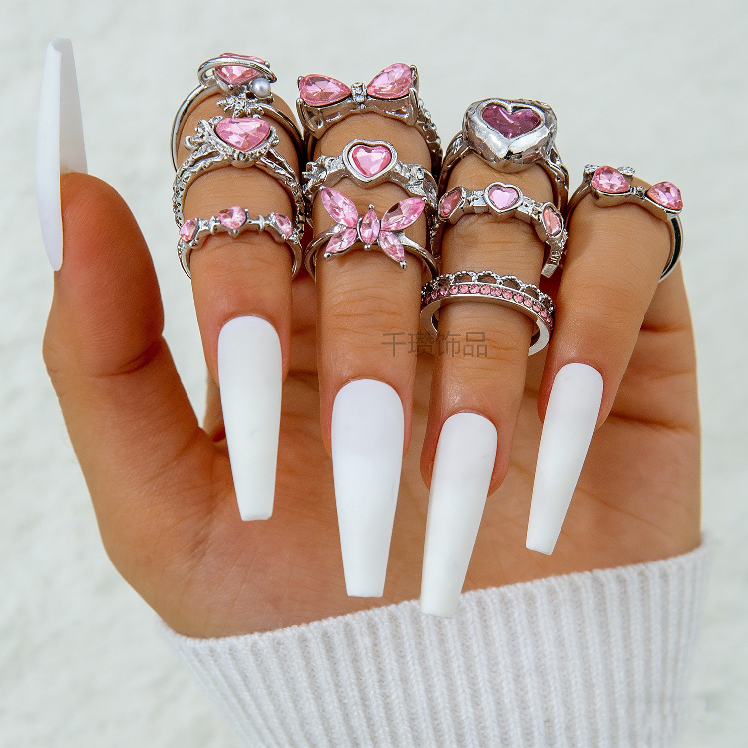 Pink Heart Layered Ring Set Sweet Girl Style Rhinestone Butterfly Finger Ring Accessories