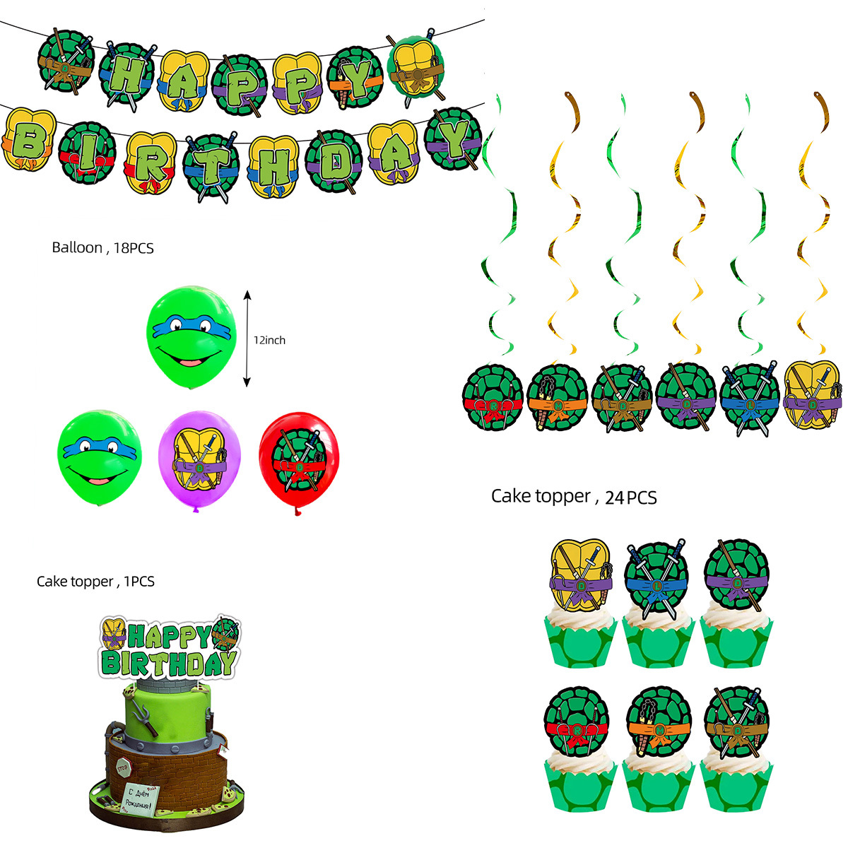 New Teenage Mutant Ninja Turtles Theme Children's Birthday Party Tableware Paper Plate Napkin Tablecloth Bunting Flag Cake Decoration