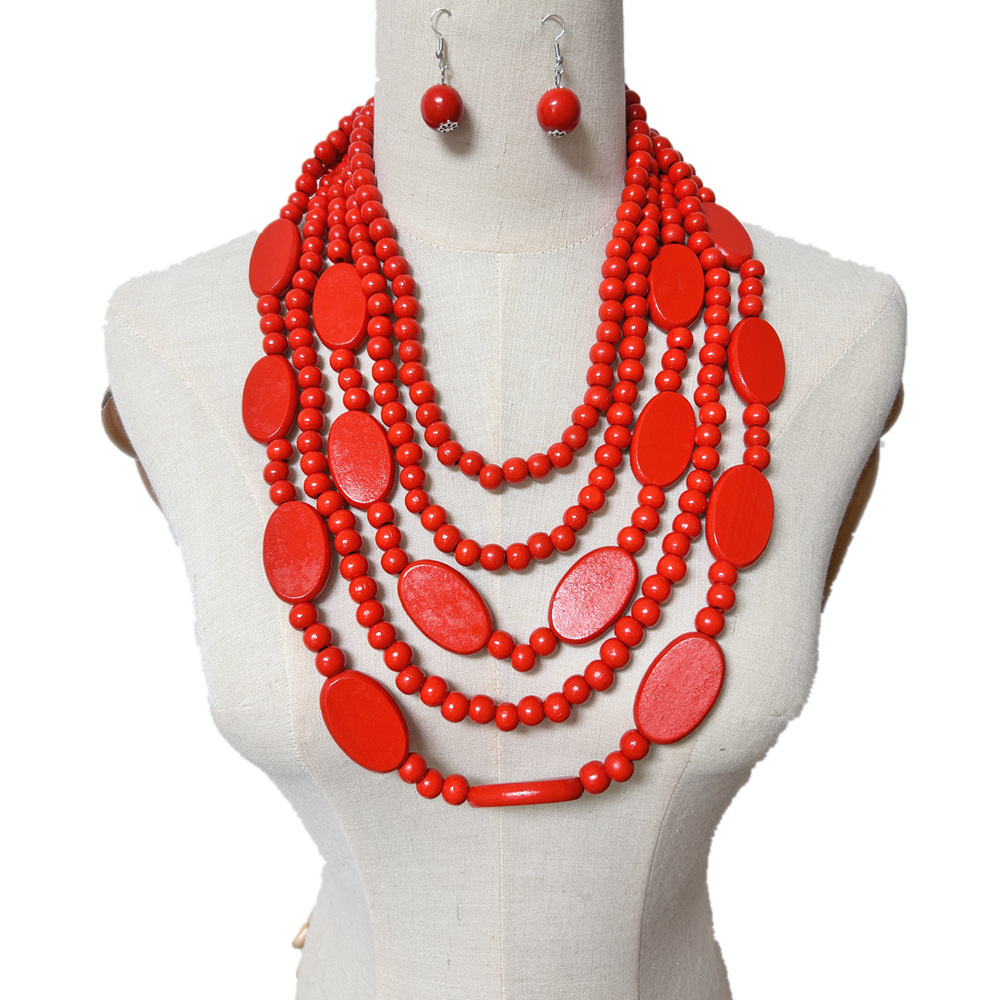 Wooden pieces beads multi-layer tassel necklace ethnic style sweater chain accessories necklaces