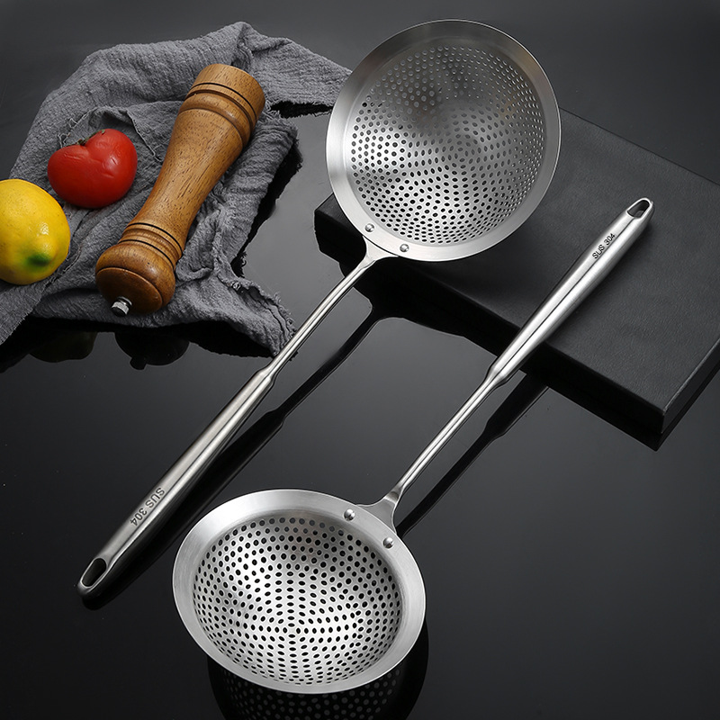 304 stainless steel perforated round hole strainer wire strainer kitchen strainer hot pot frying large colander long handle dumpling noodle strainer