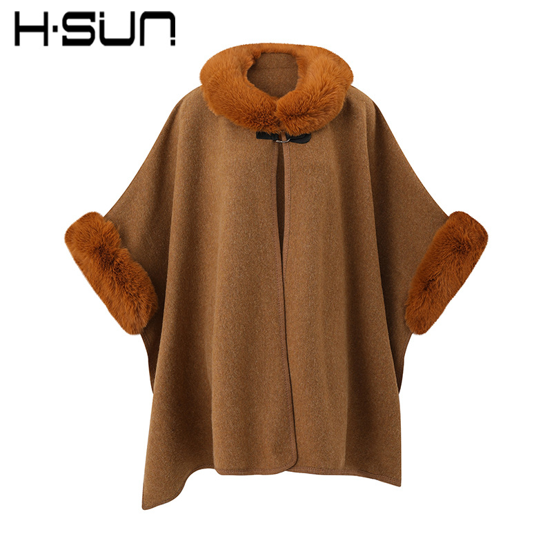 H·SUN Street Style Solid Color Round Neck Poncho Cape Warm Women's 2026 Winter Mid-Length