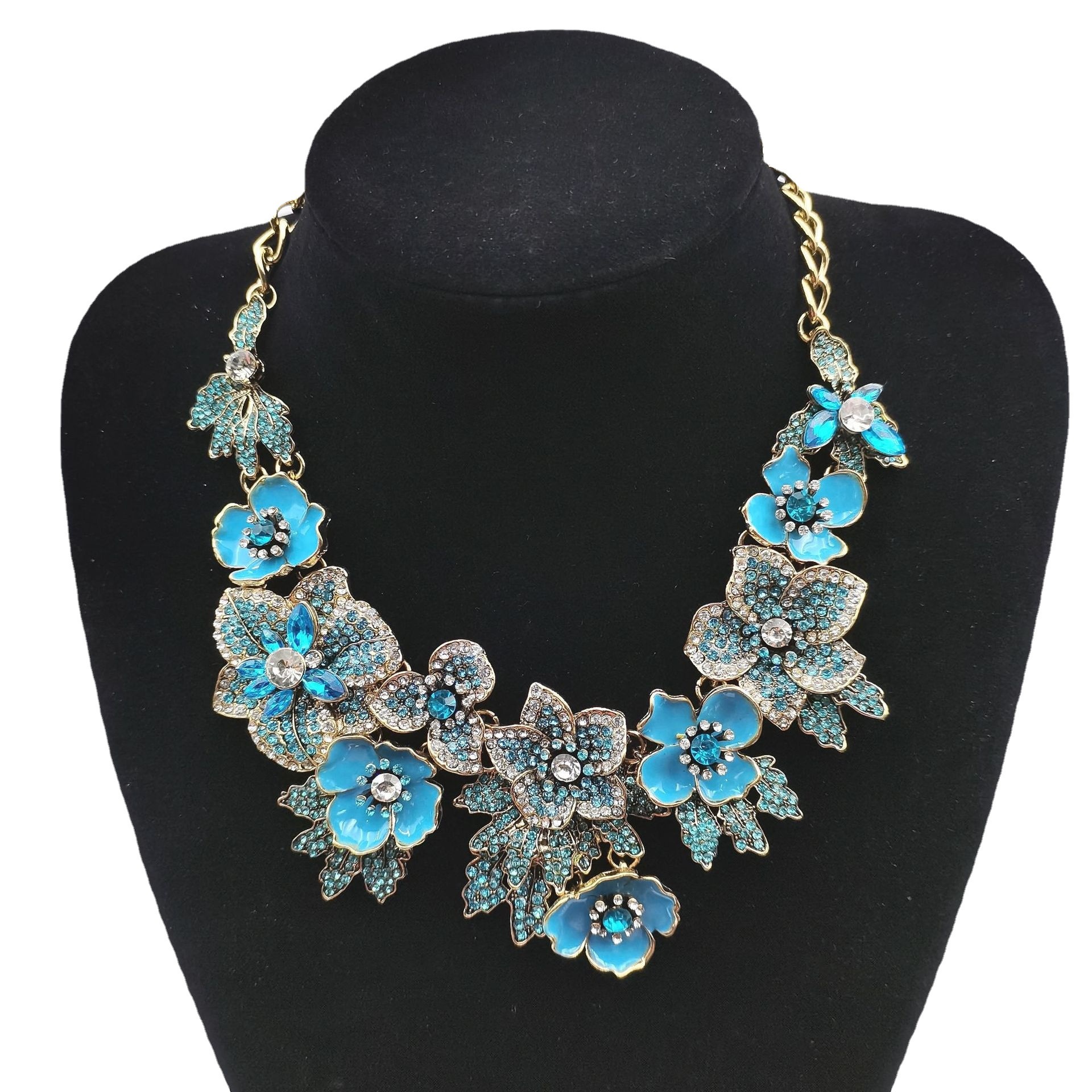 Full rhinestone exaggerated flower necklace colorful gorgeous bride necklace painting collarbone chain