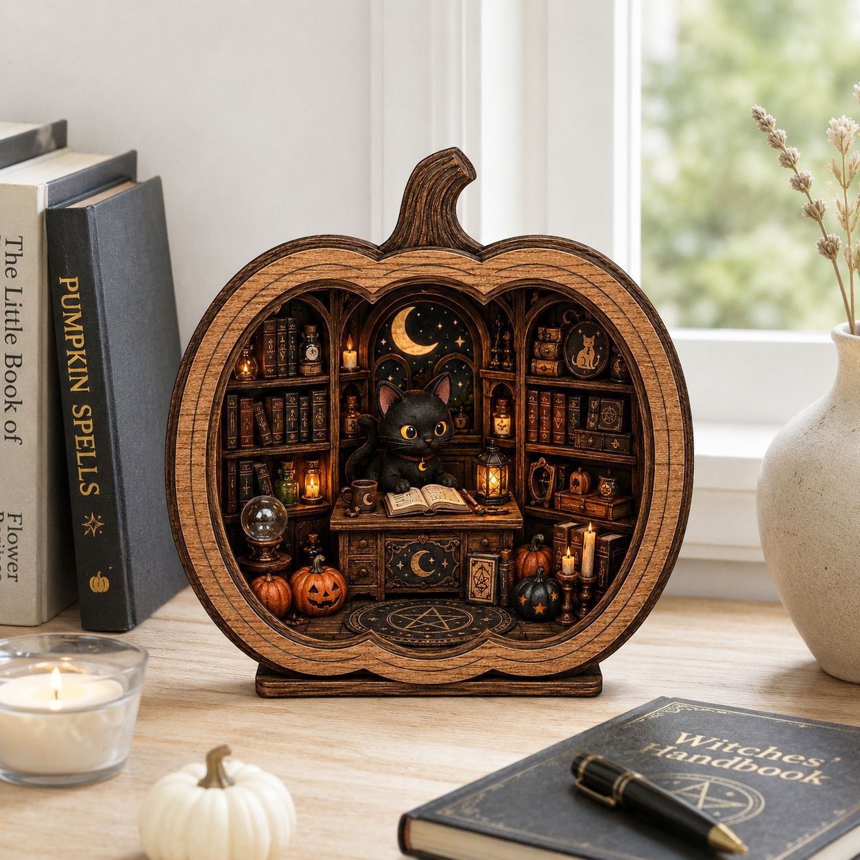 Halloween Pumpkin Magic Book House Wooden Ornament Black Cat Three-Dimensional Carving Home Decoration