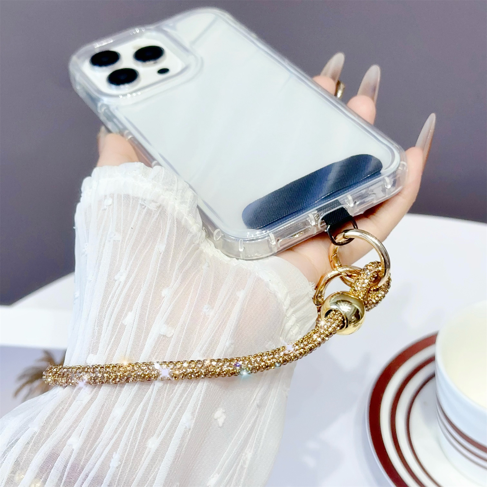 Luxury Rhinestone Wrist Strap Short Double Buckle Anti-loss Chain Hand Strap Beaded Phone Strap New