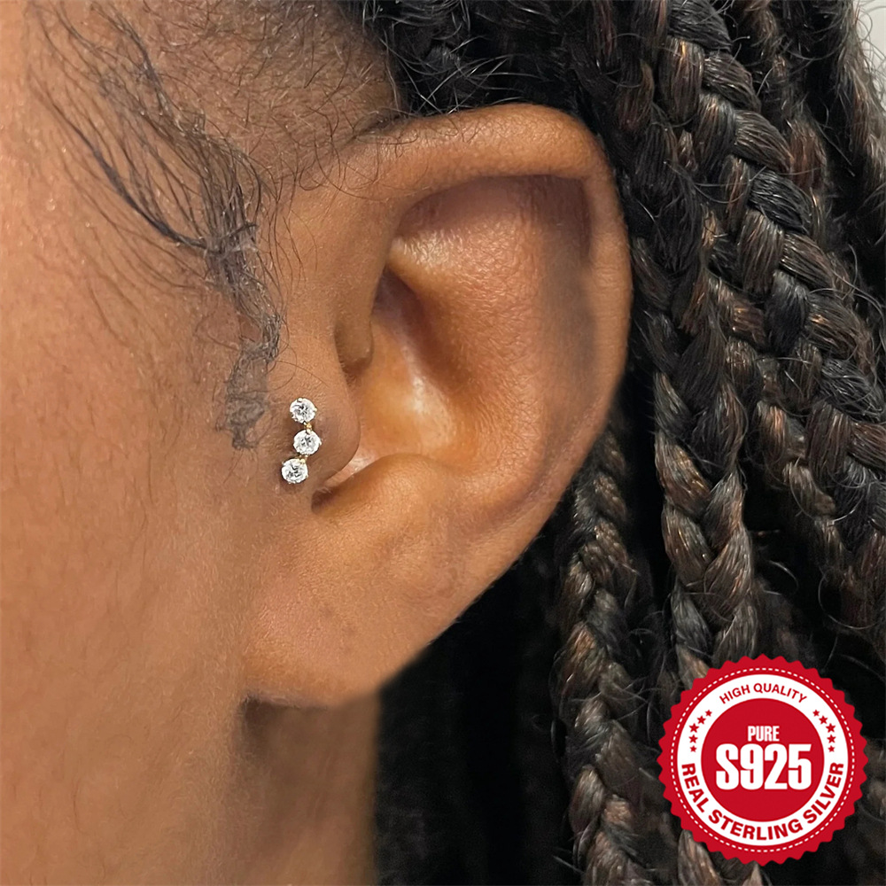 925 sterling silver diamond-set octagonal star heart flat head cartilage piercing ear bone stud new threaded earrings