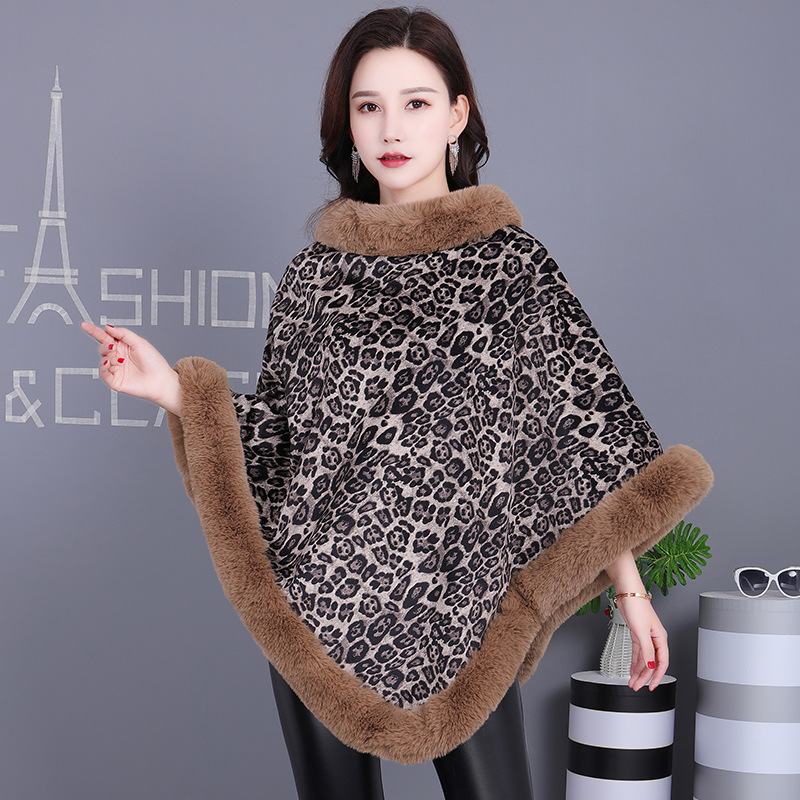 Pullover Street Pullover Poncho Fur Collar Non-Detachable Shawl Leopard Print Knit Fleece Poncho Fur Collar