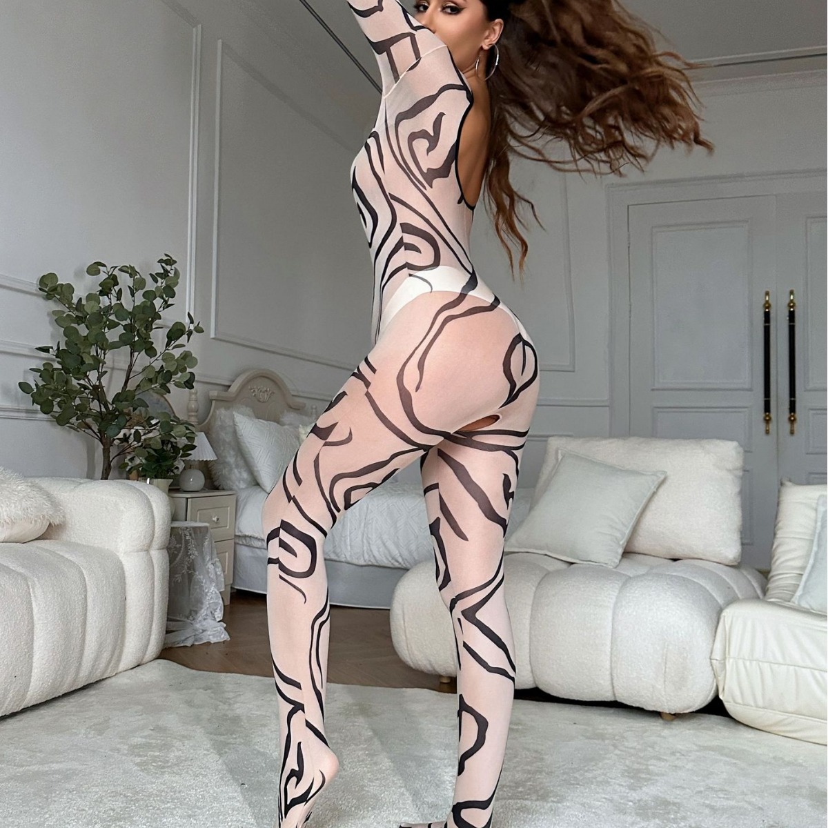 Stockings underwear black and white print sexy slim sexy underwear women no-open-crotch sleeve bodysuit