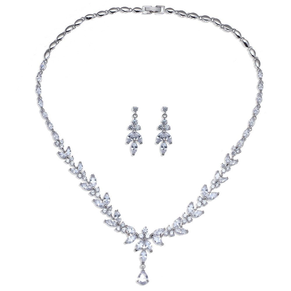 Simple long marquise teardrop zirconia white gold necklace and earrings jewelry set, bridal accessories