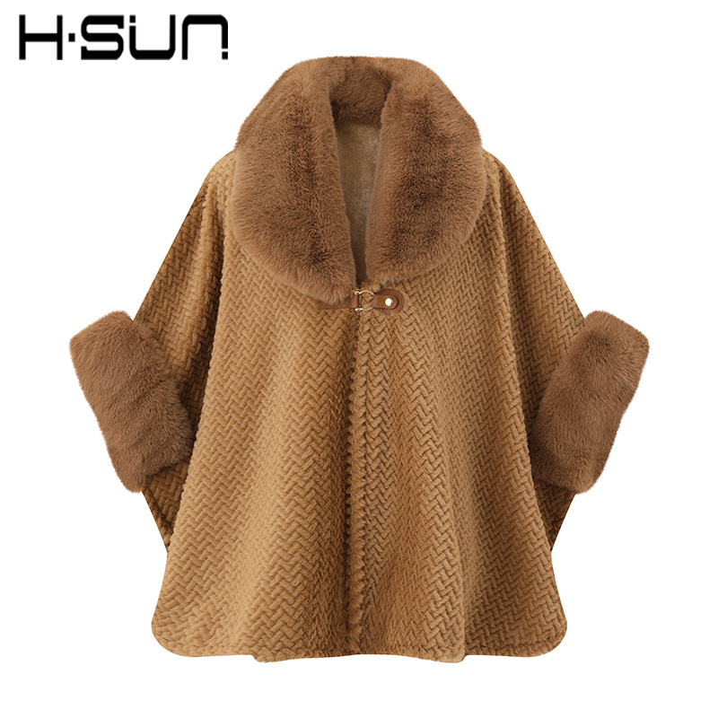 Solid Color Large Fur Collar Cape Coat Plush Thick Warm Mid-Length Loose Cape Cardigan