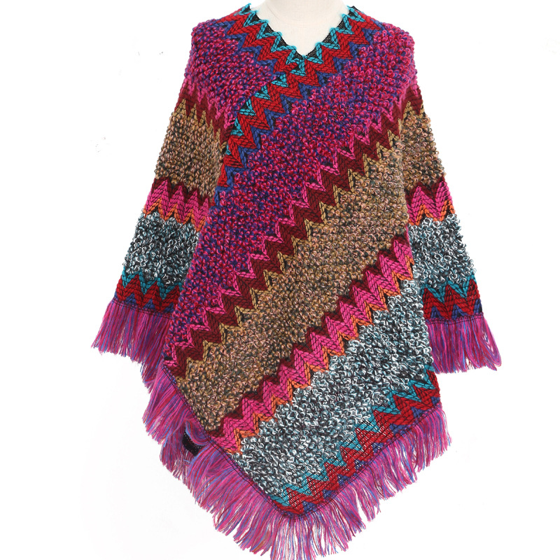 Colorful Ethnic Style Pullover Cape Women Poncho Acrylic Women Knit Cape Warm Autumn Winter Shawl