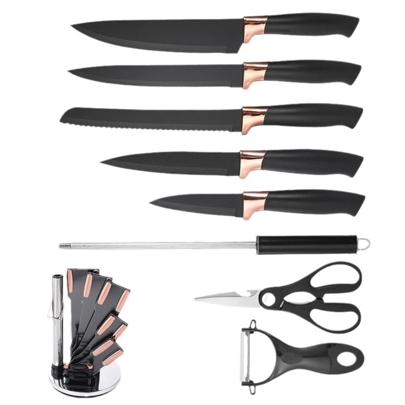 New kitchen knife set 9-piece stainless steel electroplated head with rotating acrylic knife holder ready