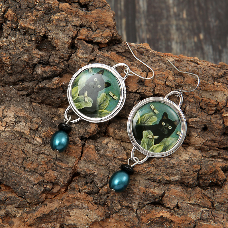 New Palace Cat Flower Earrings Women Round Earrings Spliced Green Pearl Pendant