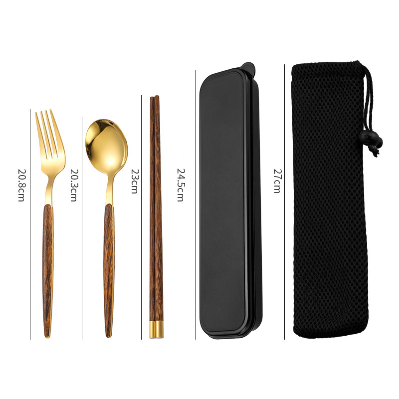 Chopsticks and spoon set, one-person convenient tableware, student storage box, fork, single wooden chopsticks, three-piece set