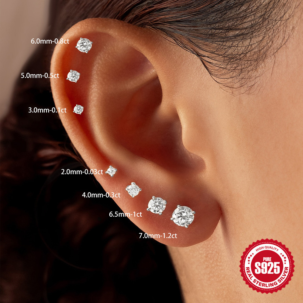New S925 sterling silver moissanite four-claw setting flat head threaded ear studs threaded cartilage ear bone studs