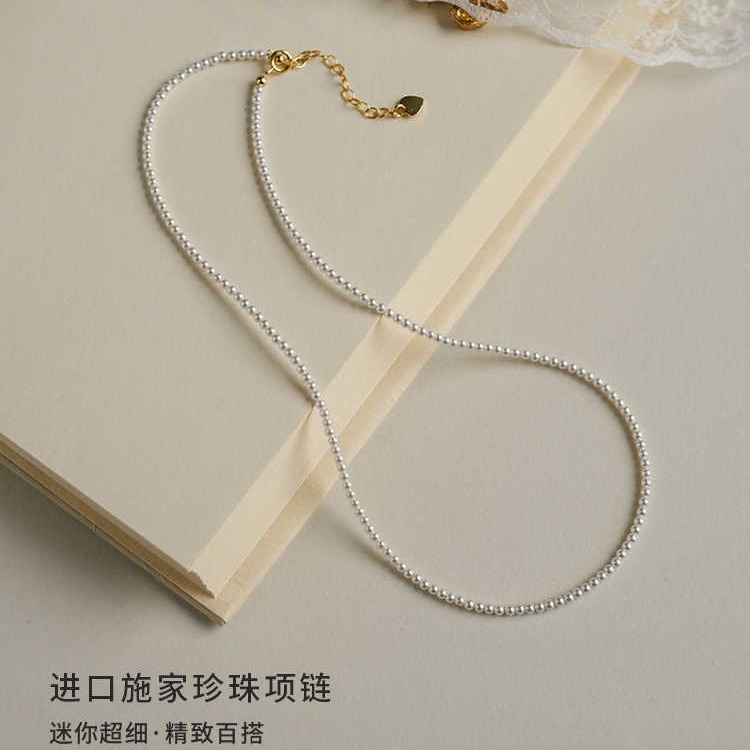 2mm extra small round round flawless strong light pearl sterling silver necklace women's fine clavicle chain 2024