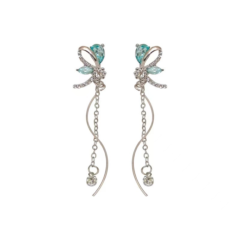 Blue Gradient Crystal Butterfly Long Tassel Ear Clips Super Fairy Simple Stud Earrings Ear Accessories