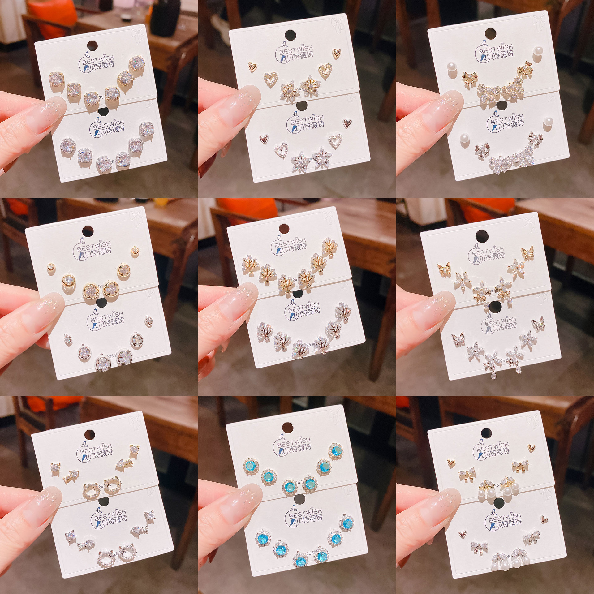 2026 batch #2 copper gold-plated zircon three pairs of small earrings set, silver needle earring accessories