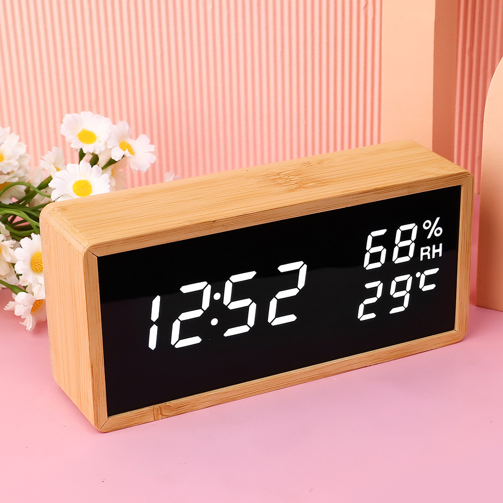 Bamboo wood LED bedroom electronic alarm clock, smart student children's desktop charging desktop clock with temperature and humidity meter wholesale