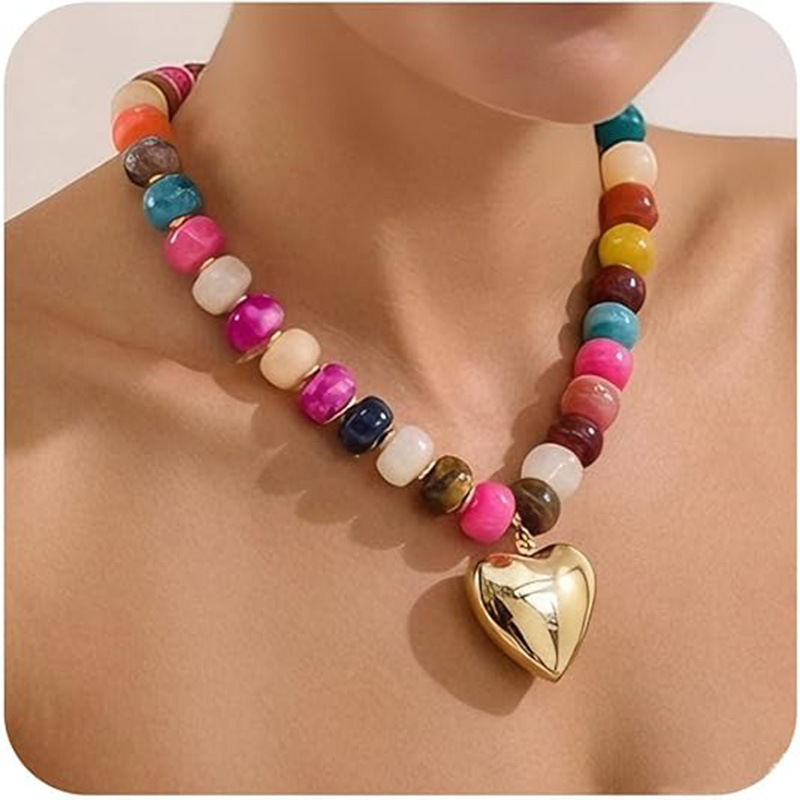 Acrylic Resin Bohemian Colorful Beaded Heart Necklace Women's Choker New Arrival