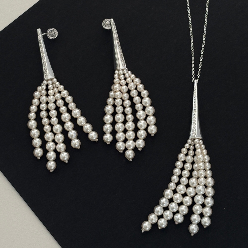 Long broom pearl tassel necklace and earrings, spring and summer imitation Swarovski pearl zircon ear studs, sweater chain