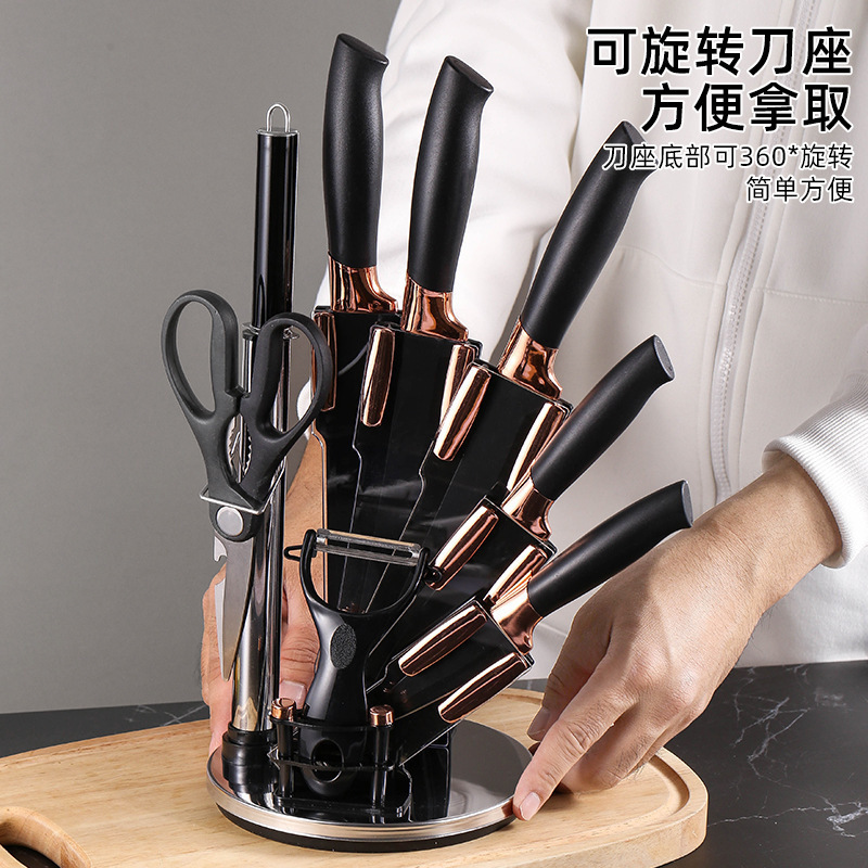 New kitchen knife set 9-piece stainless steel electroplated head with rotating acrylic knife holder ready
