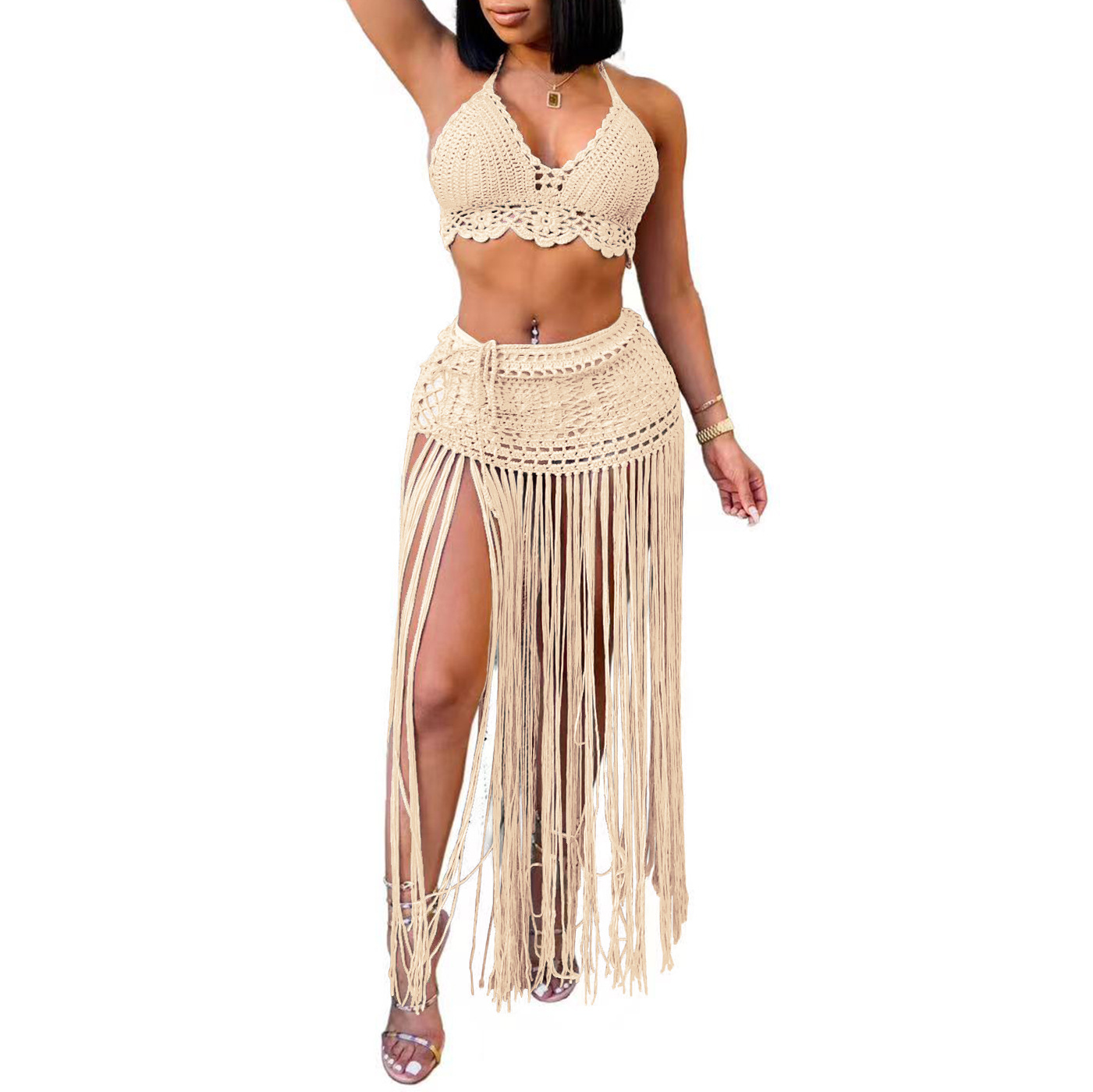 Women's Set Hand-Crocheted Beach Bikini Top Plus Long Tassel Skirt Two-Piece Set