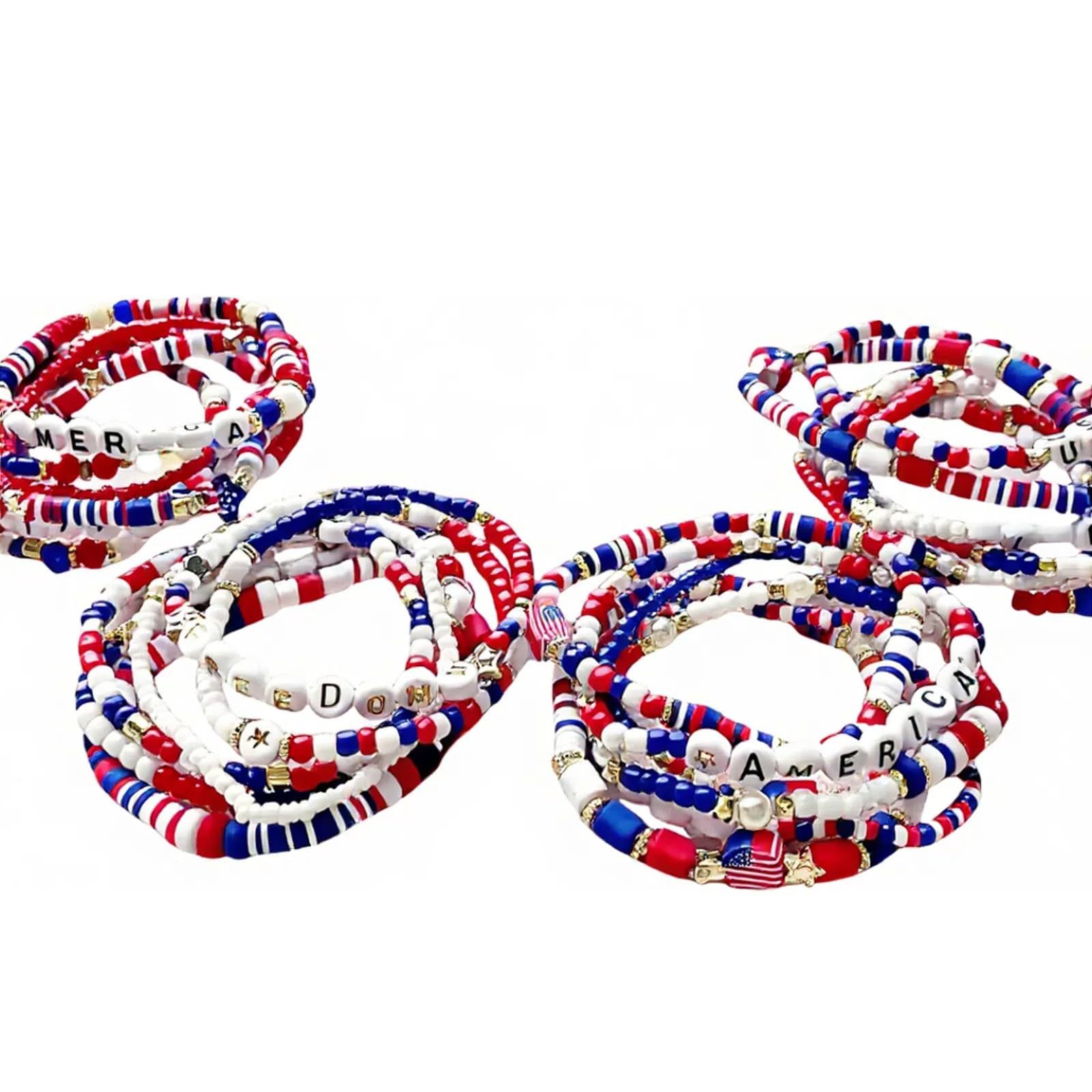 American Flag Bracelet Five-pointed Star Pendant Love Red White Blue USA Independence Day Multi-layer Elastic Bracelet