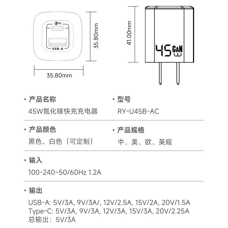 Dual Port Fast Charging PD45W Charging Head GaN Fast Charger for Huawei Apple 17 Phone Charging Head